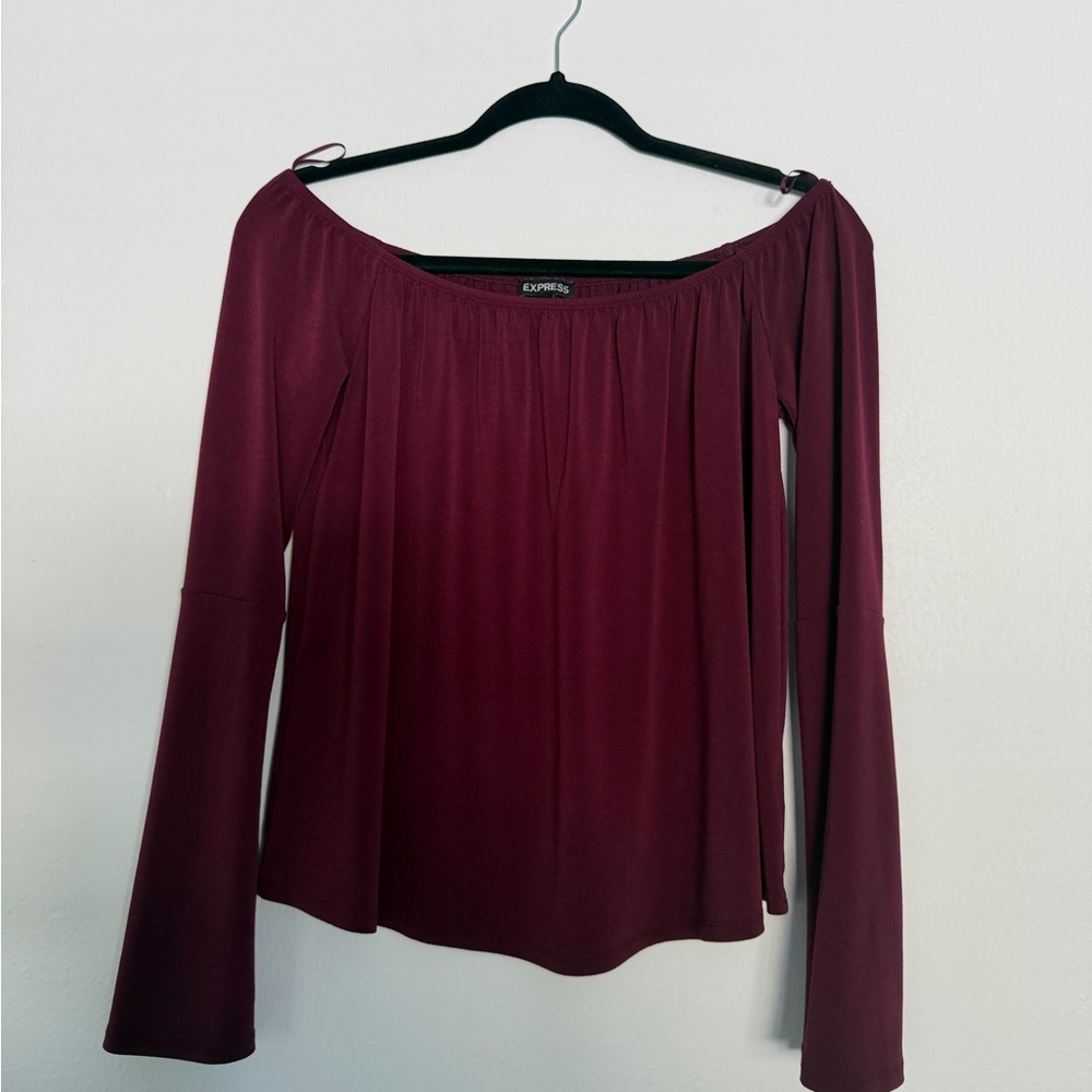Express Women's Burgundy Off-Shoulder Bell Sleeve Tunic
